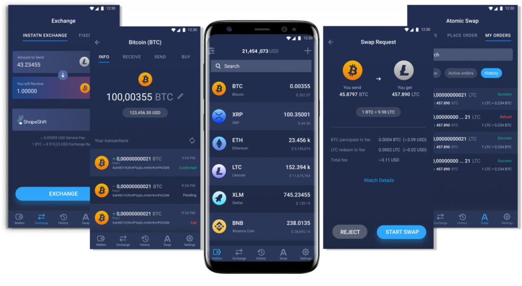 Screenshots cryptocurrency wallet in the mobile Atomic app 