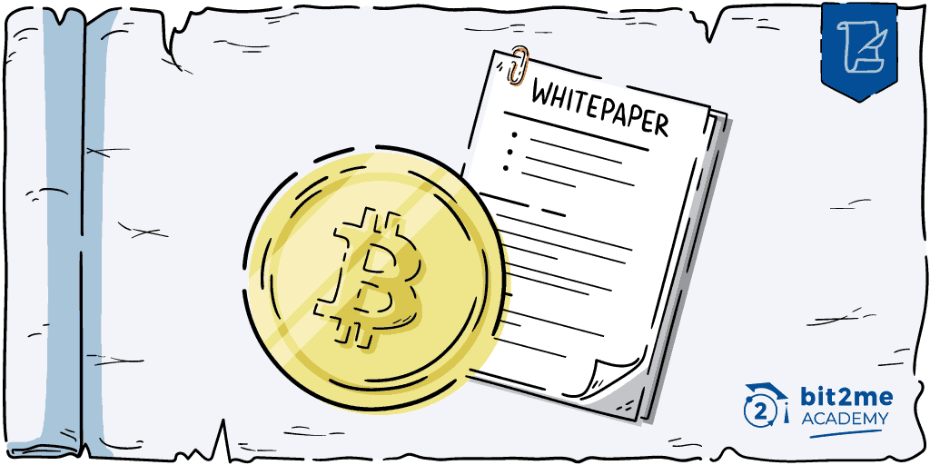 illustration of a bitcoin over a whitepaper