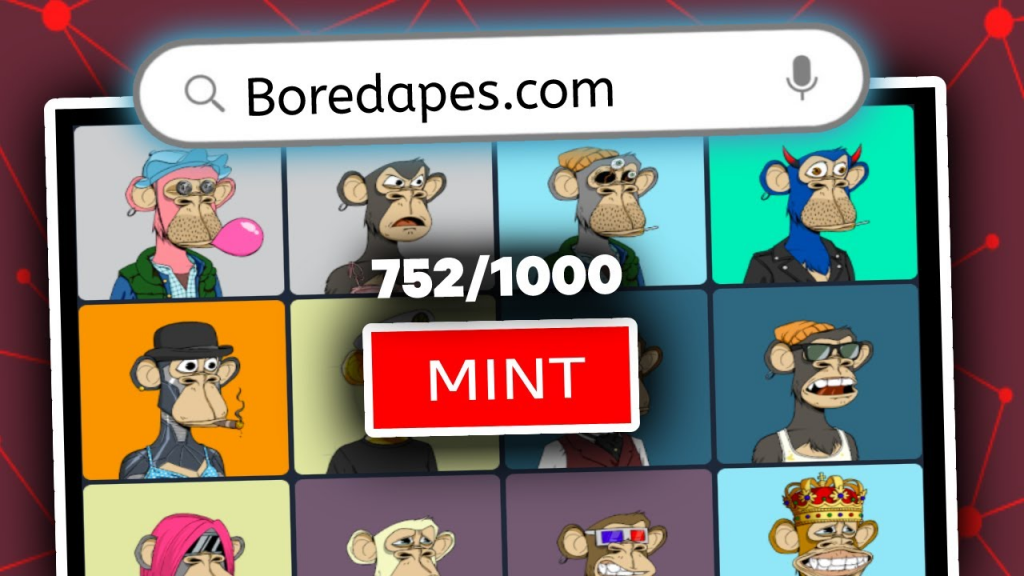 picture of different bored apes with a button saying "mint"