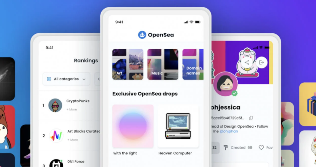 promotional picture from OpenSea showing different tabs from their app