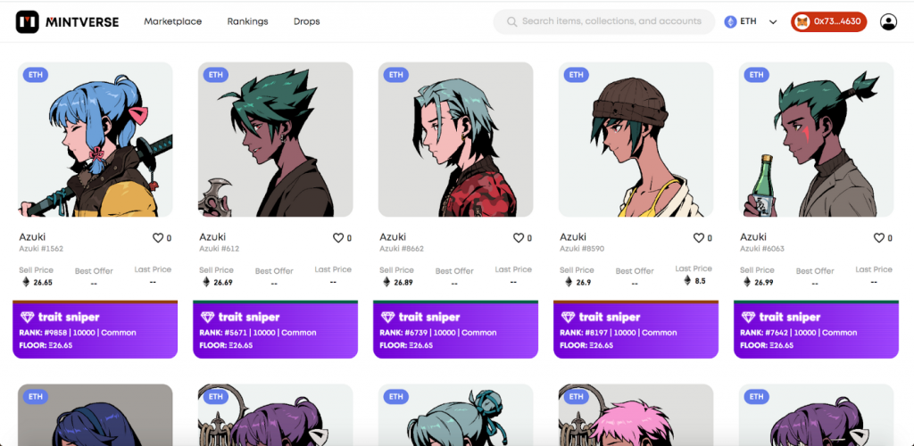 screenshot from MintVerse's website showing the trait sniper extension
