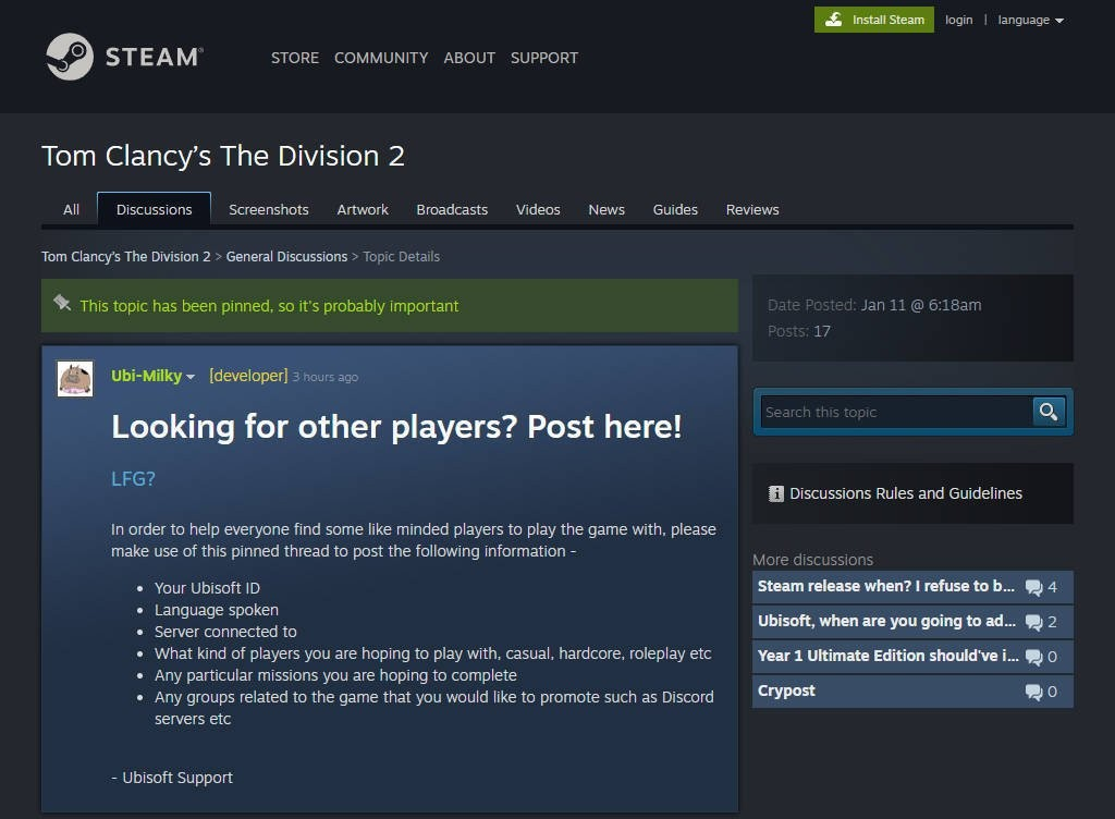 steam community page from the game The Division 2