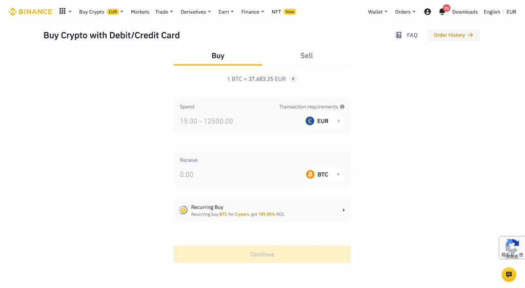 Buying cryptocurrency in Binance with cards