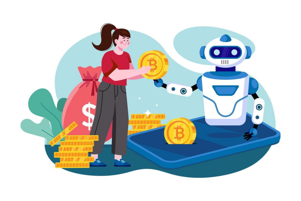robot and girl exchanging bitcoins