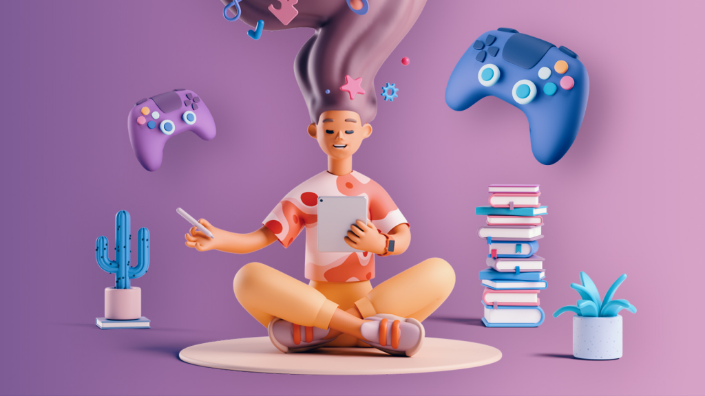 3d art of a girl playing mobile games on her tablet with lots of console controllers around her