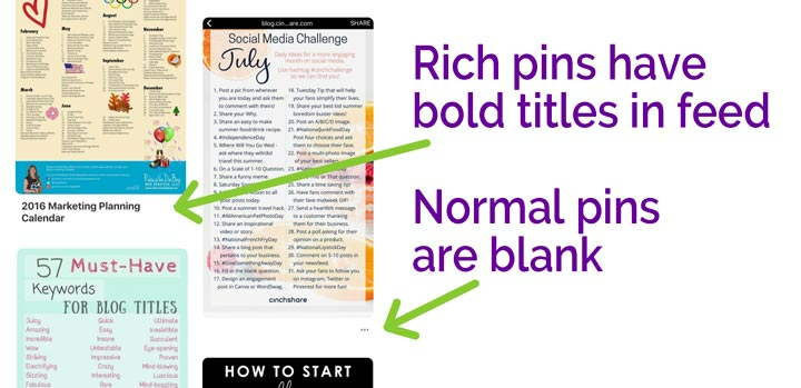 Rich-pins-have-bold-titles-in-feed-and-normal-pins-are-blank