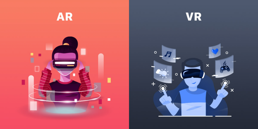 illustration of two different person showing the differences between augmented reallity and virtual reality