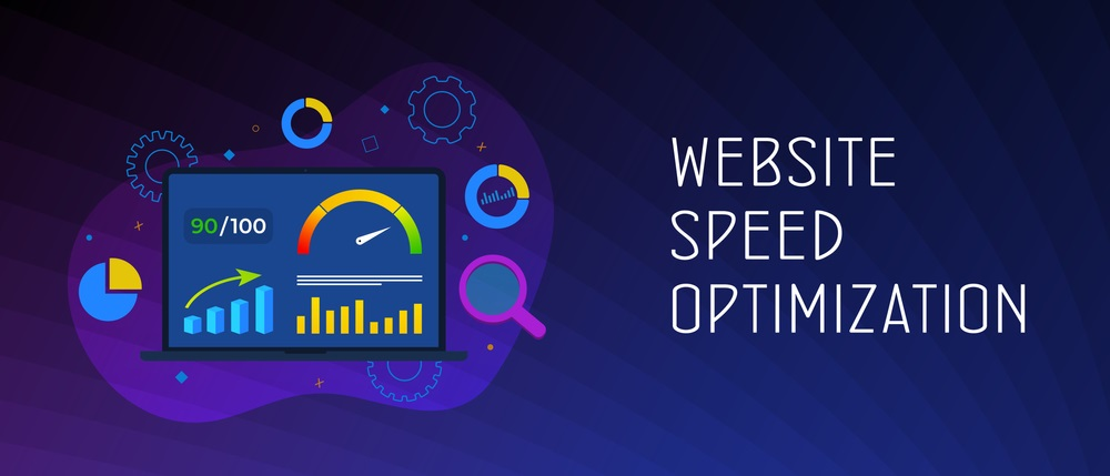 illustration showing a laptop with multiple graphics and the text website speed optimization
