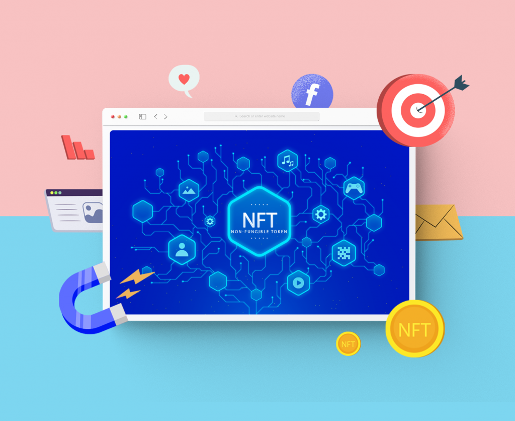 illustration showing a web browser with the text NFT as the result, along with SEO elements around it