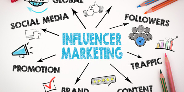illustration showing the text influencer maketing along with multiple graphic elements