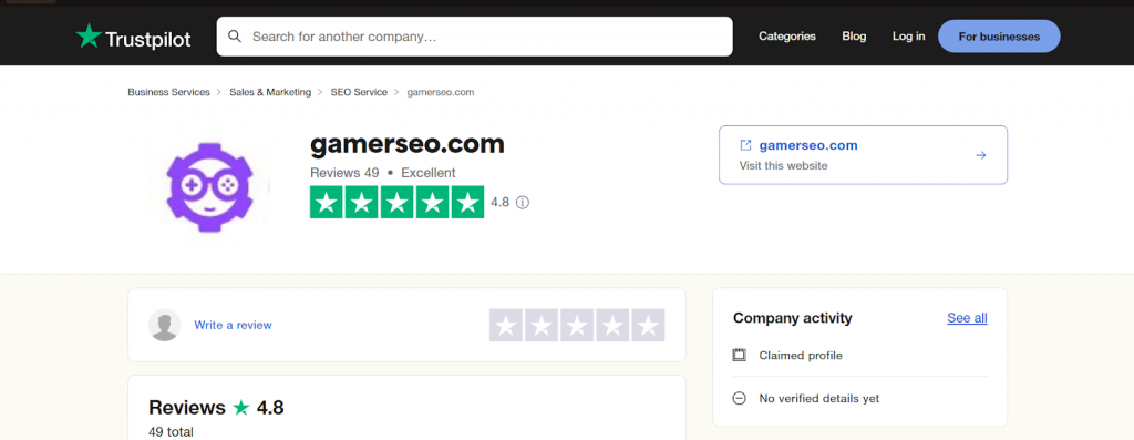 screenshot from GamerSEO reviews on trustpilot