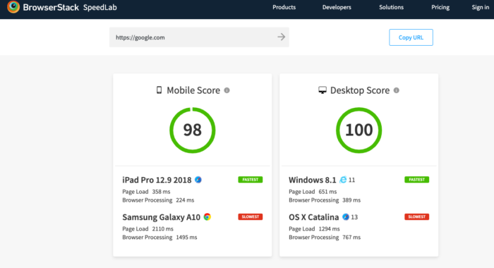 screenshot from browser stack speed tool