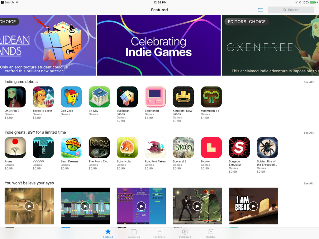 screenshot from the indie game section at app store