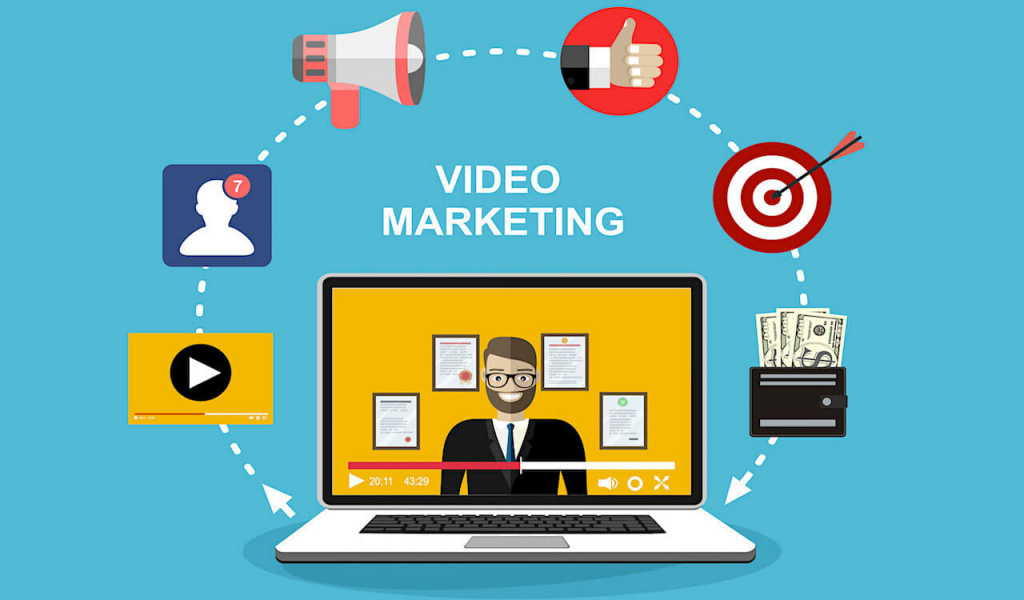 illustration containing a laptop and other elements along with the text video marketing in the middle of the illustration