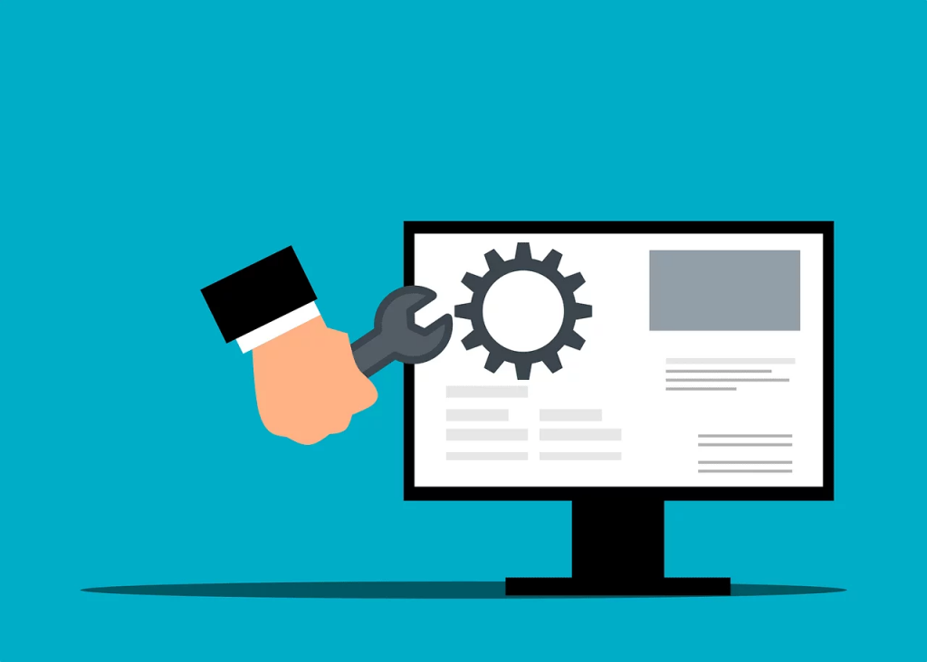 illustration of a computer displaying a website page with a gear and a hand holding a tool to fix it