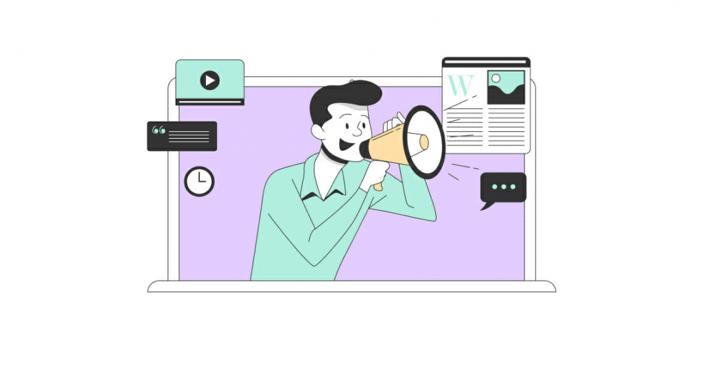 illustration of a laptop displaying a man using a megaphone to speak along with multiple advertisements around it