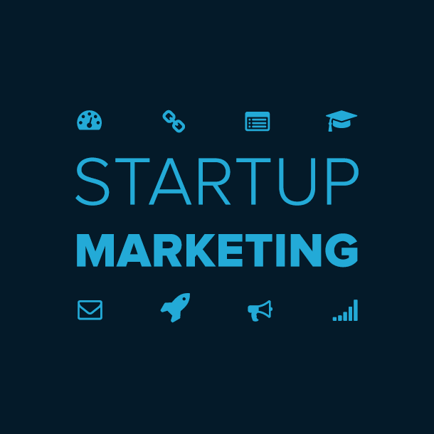 picture with a dark background and the words startup marketing with graphic elements above and bellow it