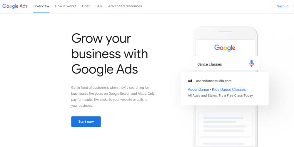 Google Adwords official site and main page