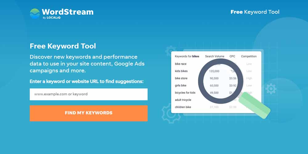 WordStream's Free Keyword tool official site and main page