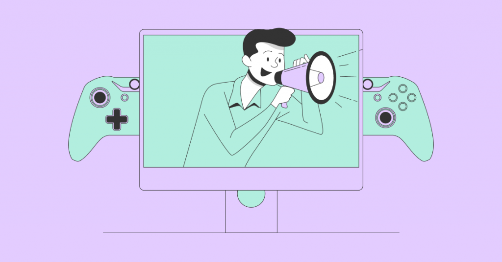 illustration of a computer displaying a man using a megaphone to speak along with video game controllers on the background