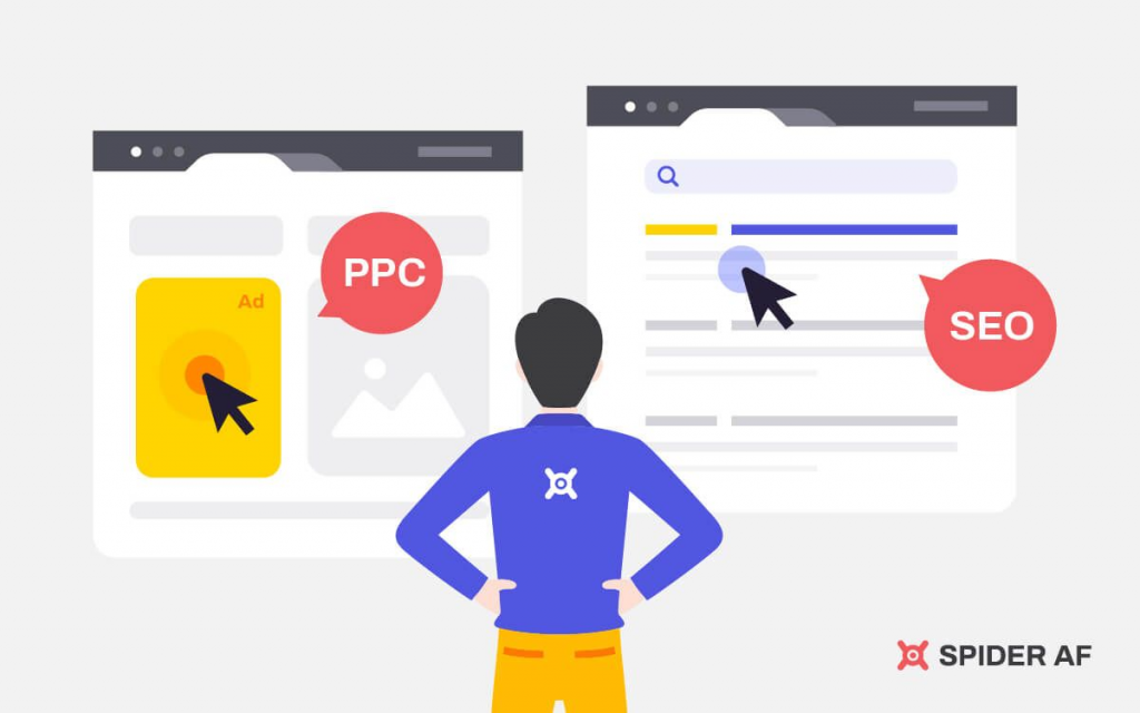 illustration of a man looking at SEO and PPC strategies and comparing them