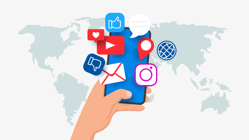 illustration of a person holding a smartphone along with logos and icons from multiple apps