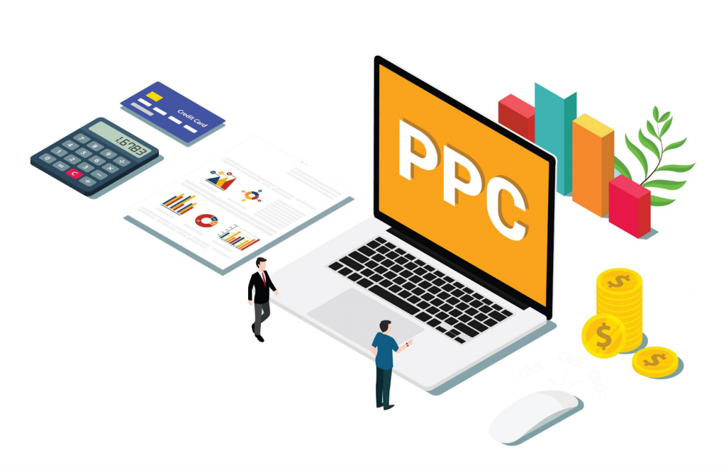 illustration of people looking at a laptop displaying an orange screen with PPC written on it along with graphics and other elements around it