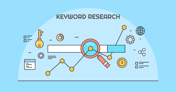 illustration showing a search bar with a magnifying glass pointing at it along with the title keyword research at the top