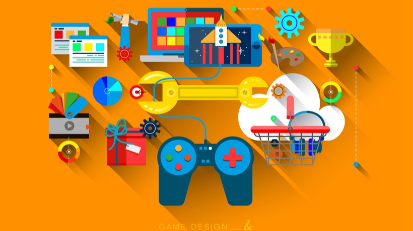 illustration showing a video game controller along with multiple graphic elements in an orange background