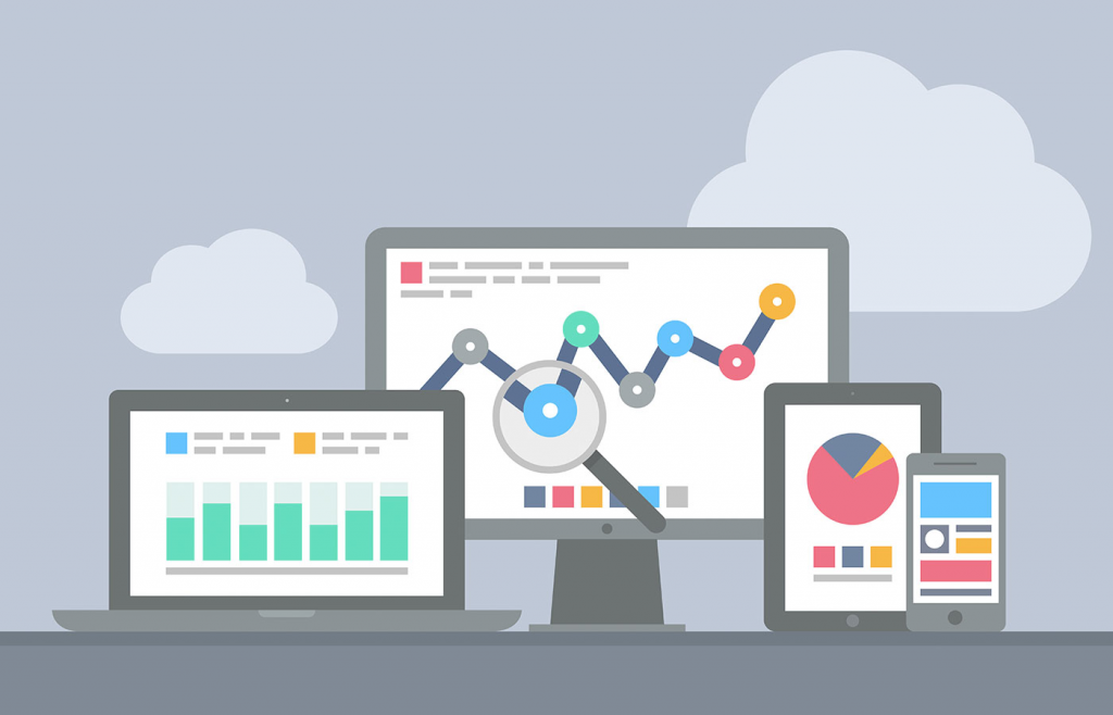 illustration showing multiple digital devices displaying graphics and data regarding marketing actions