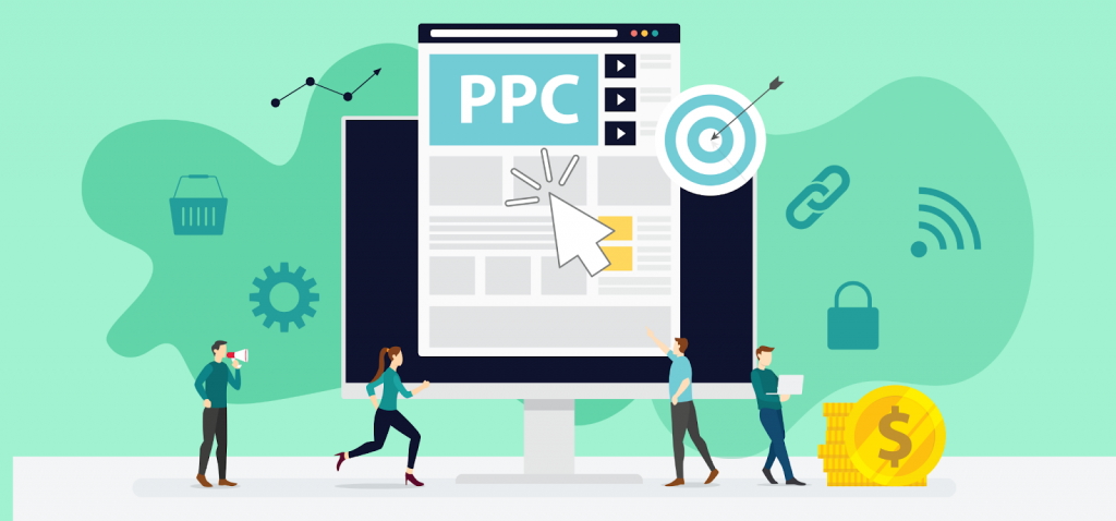 illustration showing multiple people running along with a computer on the background displaying a PPC strategy document