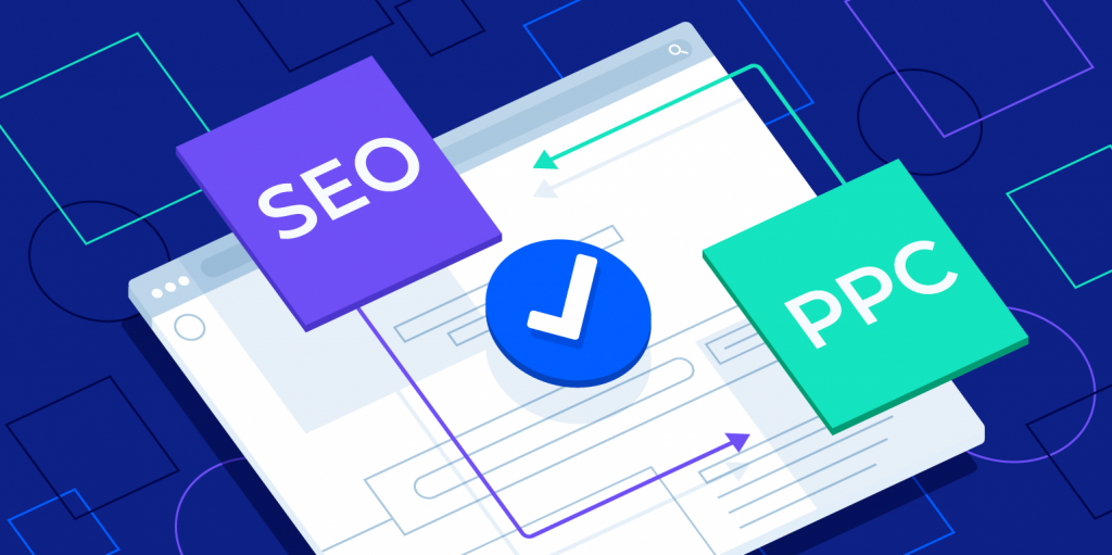 illustration showing two pages using different strategies. One with SEO and the other with PPC