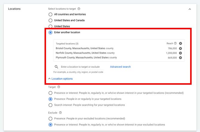 Enter another location in Google Ads