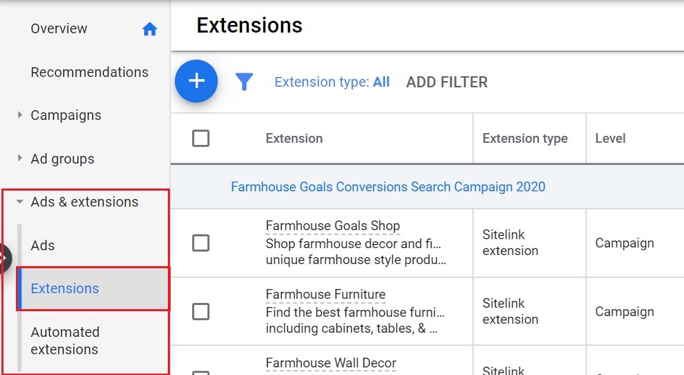 Extension ads in Google Ads
