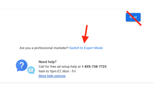 How to select Expert Mode in Google Ads