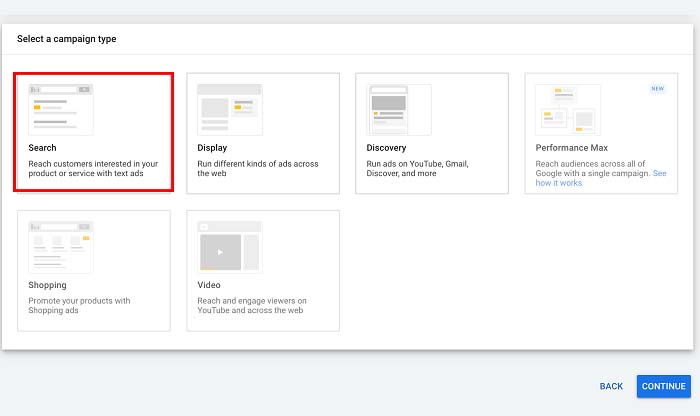 Selecting Search type in Google Ads