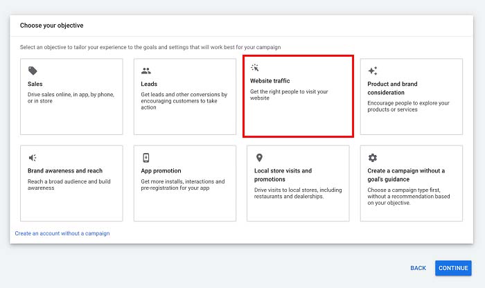 Selecting website traffic in Google Ads