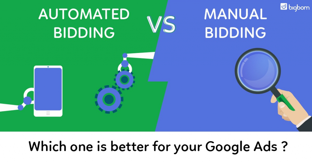 illustration comparing automated x manual PPC bidding along with elements representing each one