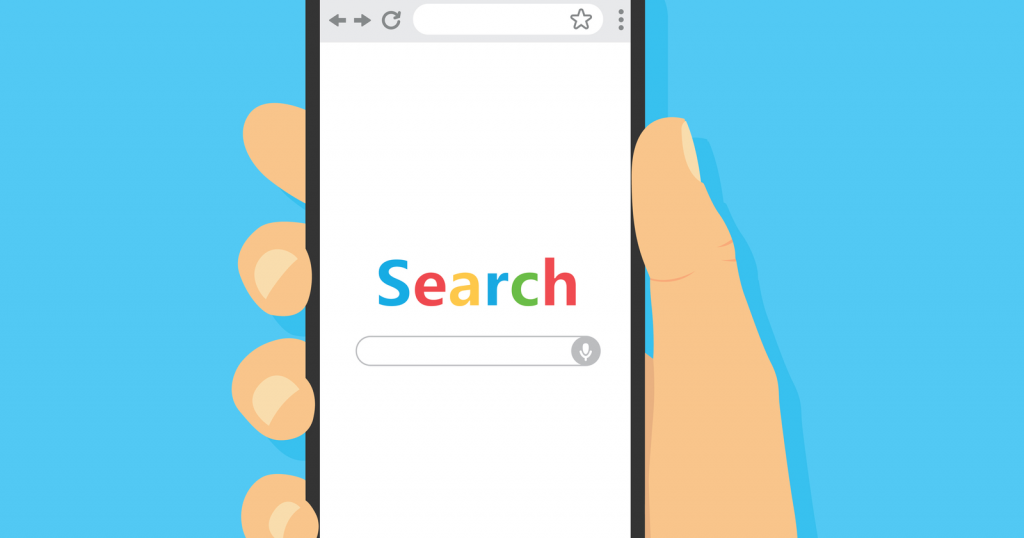 illustration of a hand holding a phone displaying a search bar of a web browser and a blue background