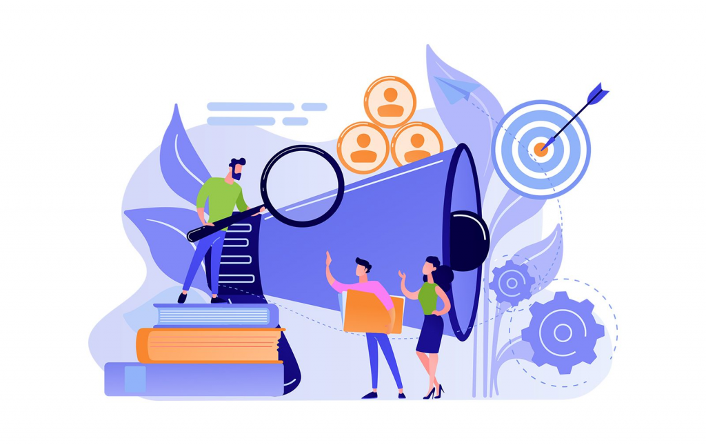 illustration of a man using a megaphone to speak directly with his audience along with other graphic elements