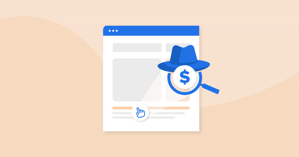 illustration of a search engine results page with a money symbol and a detective hat on top 
