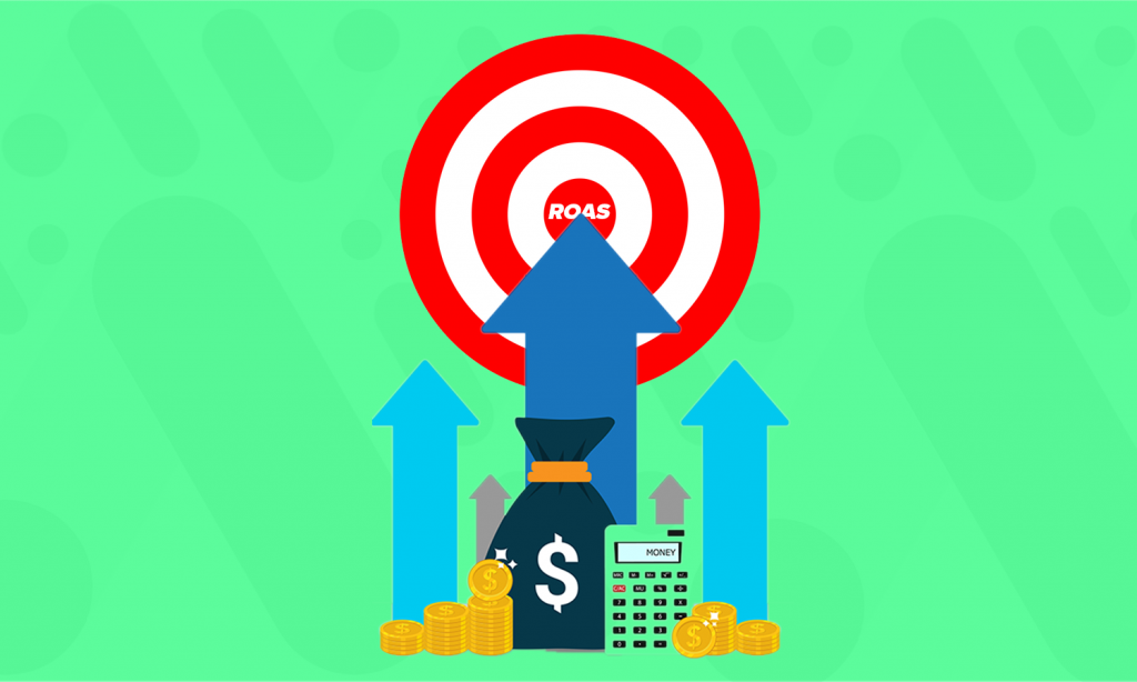illustration showing multiple bags of money and a target with the word ROAS in the middle along with multiple graphics going up