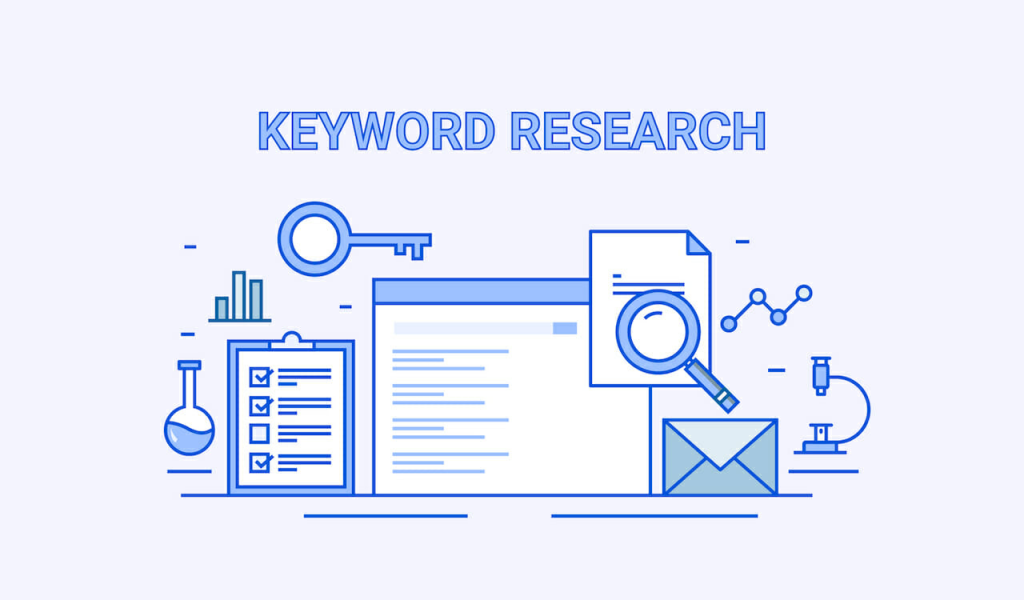 illustration showing multiple graphic elements along with the title keyword research at the top of the image