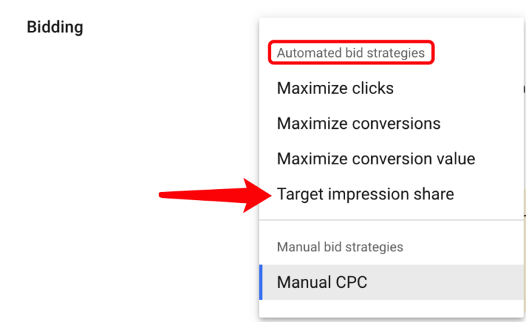 screenshot from Google Ads showing multiple options regarding bidding settings of the console