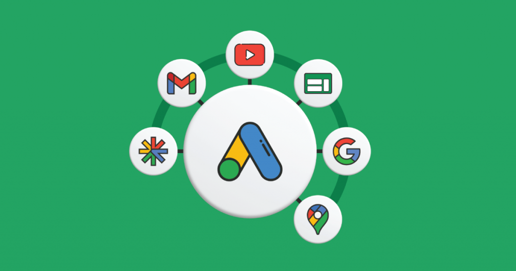 illustation of Google Ads icon along with all the main advertisement platforms of the brand