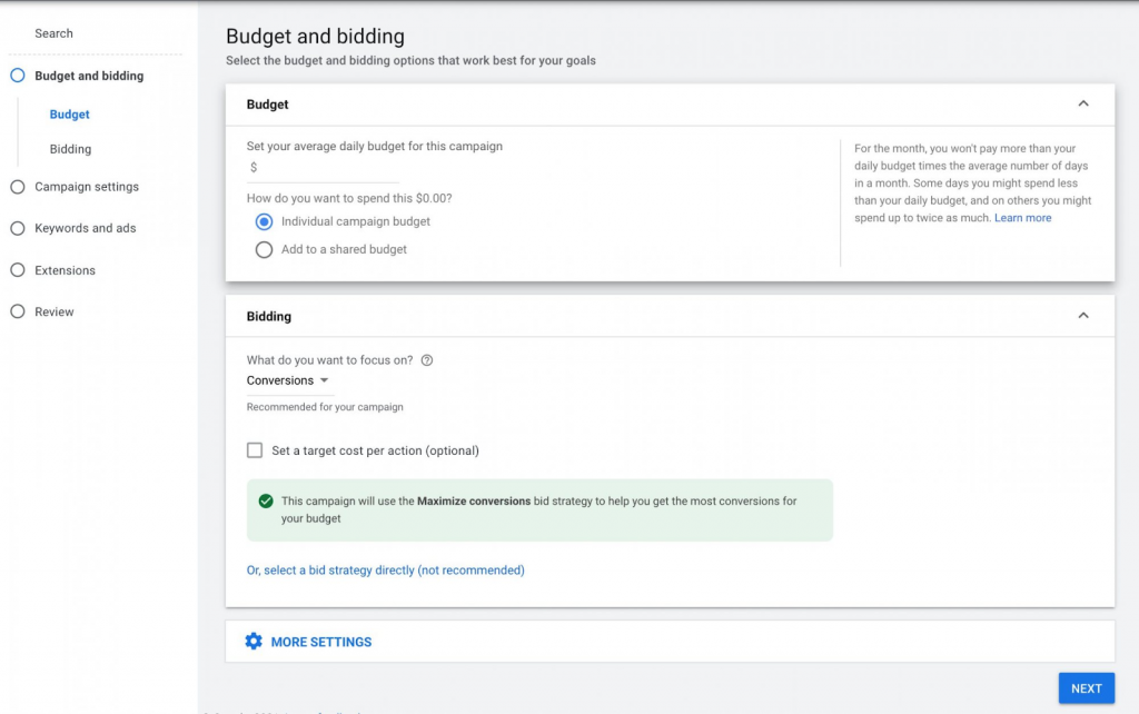 image from Google Ads console showing budget and bidding options