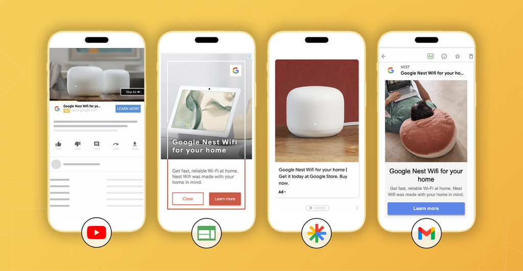 image showing multiple ads running on different platforms supported by google along with a yellow background and the icon of each app and service