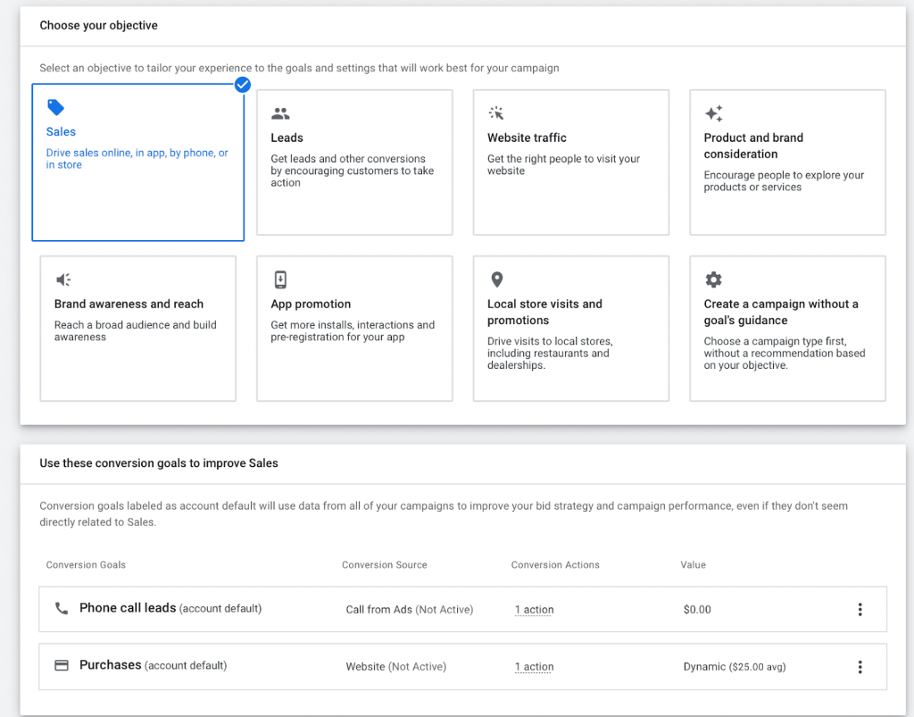 screenshot from Google Ads console showing the multiple options of objective a paid campaign can have on the platform along with icons representing each goal