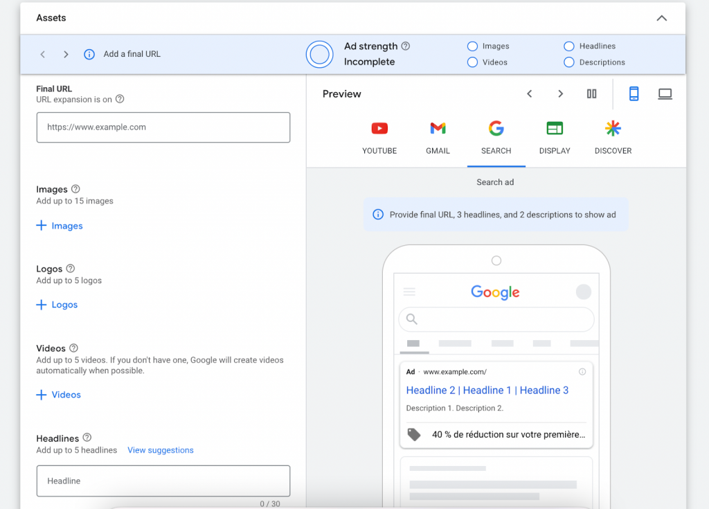screenshot from Google console for ads showing numerous settings the user can have for each platform of promotion and a cellphone illustrating the result