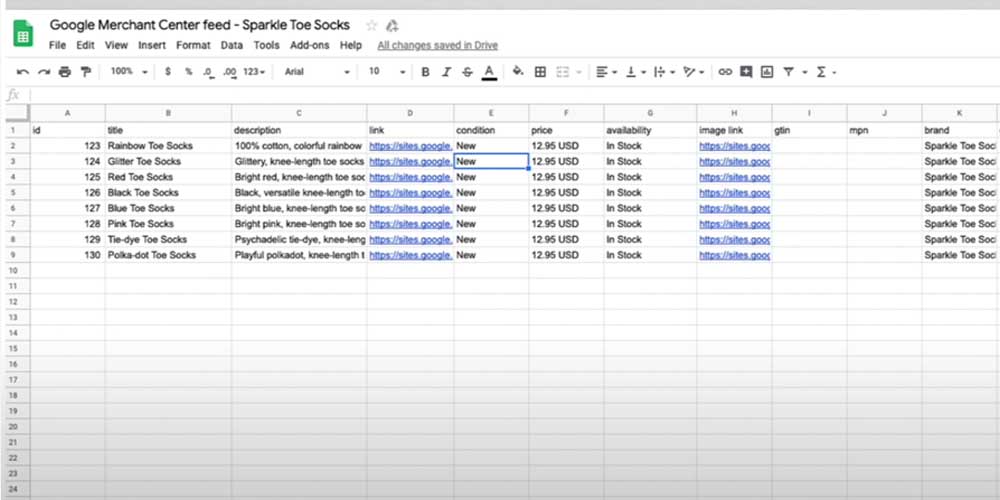 A spreadsheet document for the product feed